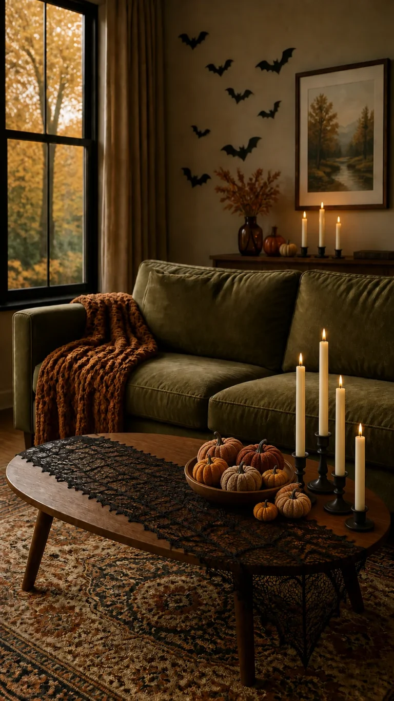Cozy olive-green living room styled with ivory taper candles, velvet pumpkins, black lace, wall bats, and a caramel throw for Halloween.