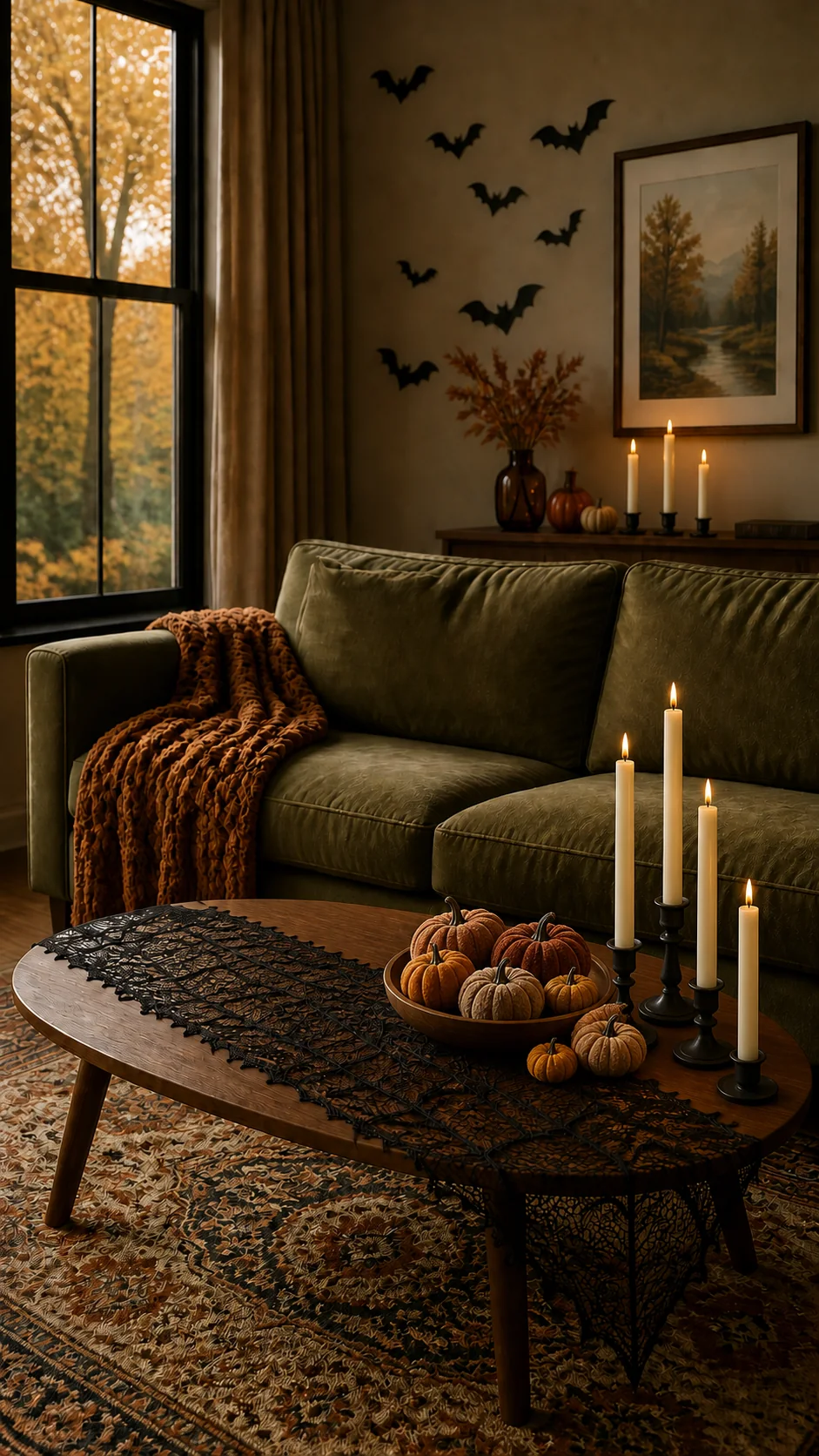Cozy olive-green living room styled with ivory taper candles, velvet pumpkins, black lace, wall bats, and a caramel throw for Halloween.