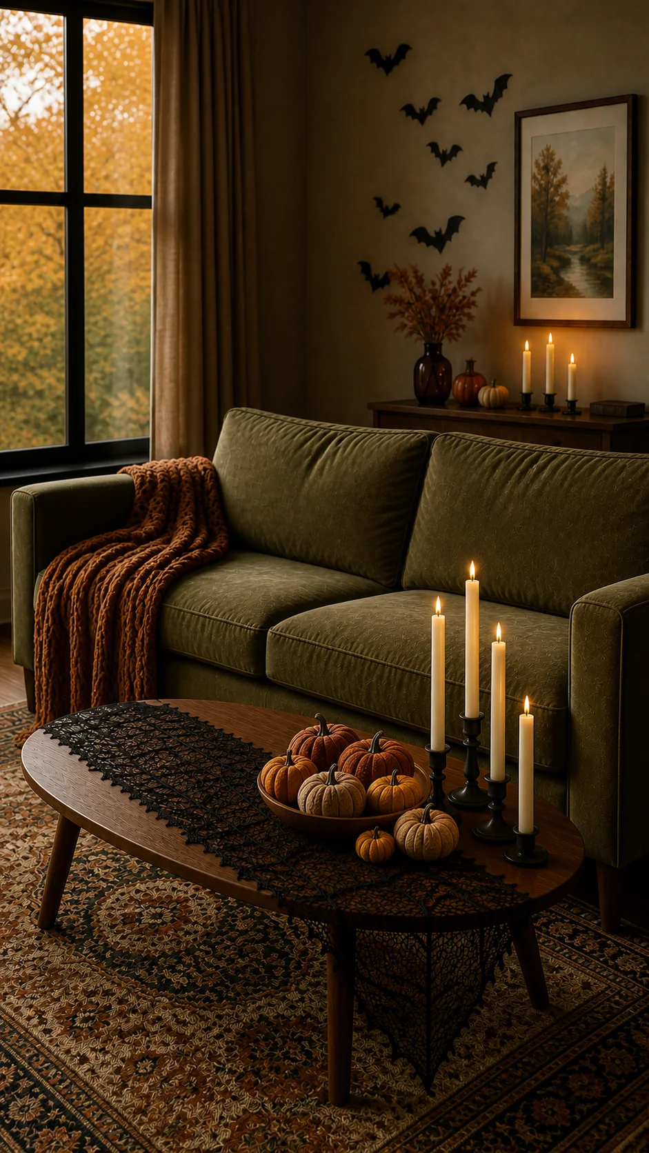 Side view of an olive-green Halloween living room with a caramel throw, velvet pumpkins, ivory taper candles, black lace, and wall bats.