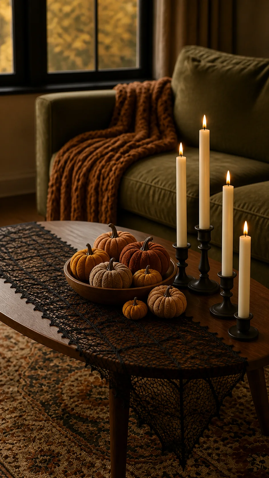 Close view of a walnut coffee table styled with ivory flameless taper candles, velvet pumpkins, and a black spiderweb lace runner.