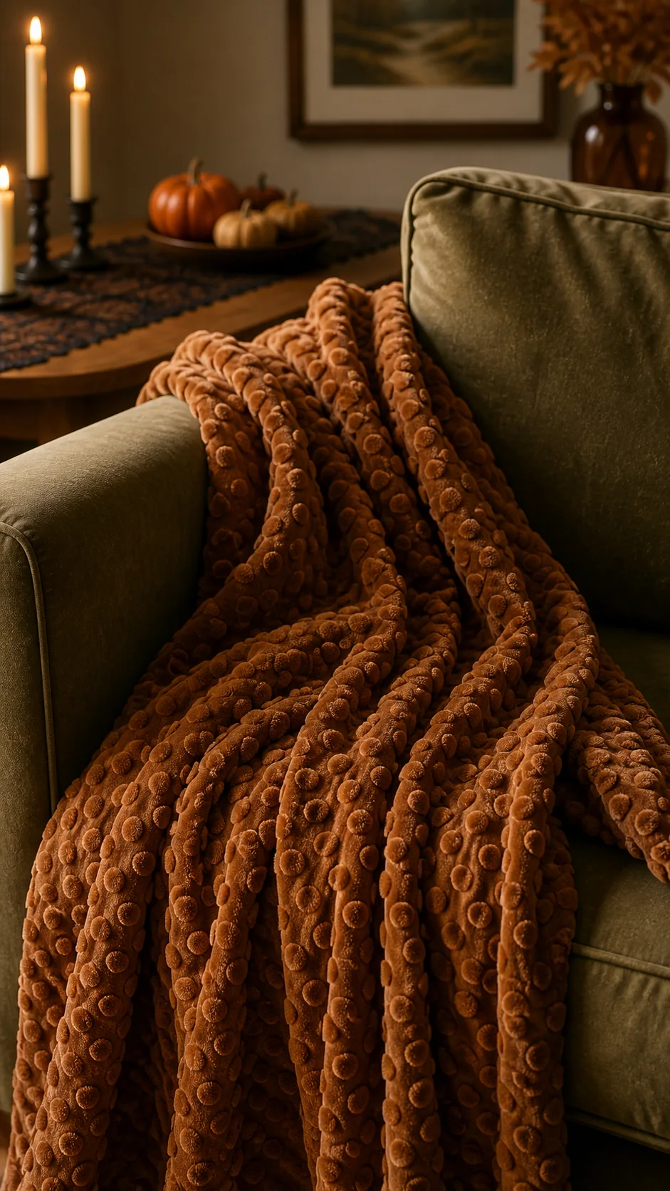 Caramel bubble-textured fleece throw draped over the arm of an olive-green sofa in a warm Halloween living room.